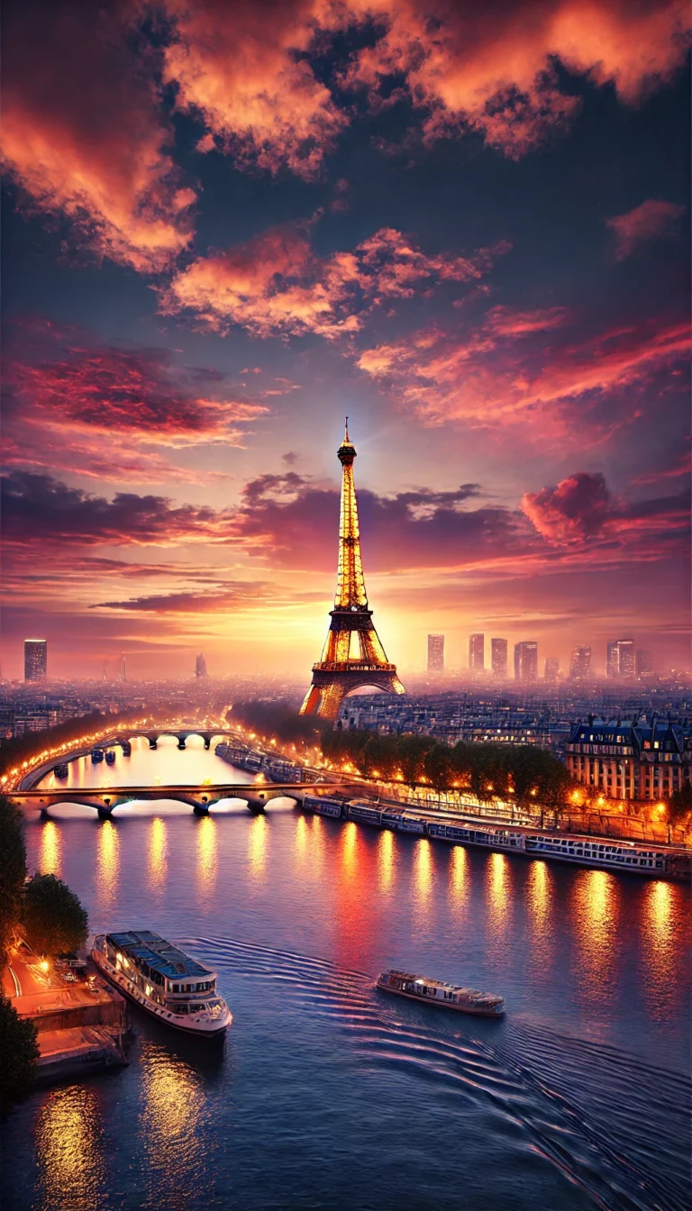 Vista panoramica di Parigi al tramonto con la Torre Eiffel illuminata e la Senna.