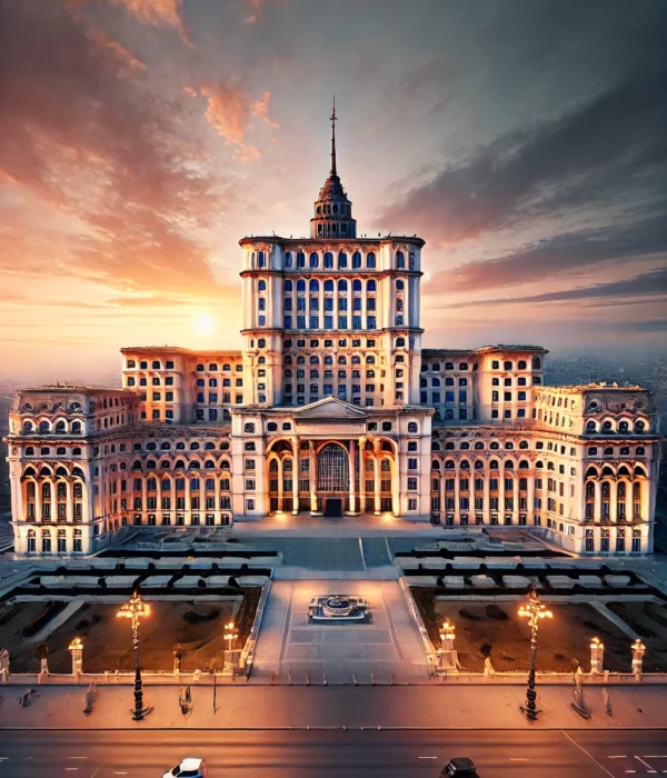 Vista frontale del Palazzo del Parlamento di Bucarest al tramonto, con il cielo colorato di nuvole e luci accese che illuminano l'edificio.