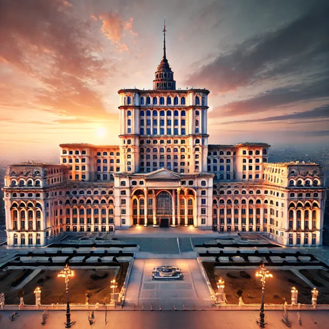 Vista frontale del Palazzo del Parlamento di Bucarest al tramonto, con il cielo colorato di nuvole e luci accese che illuminano l'edificio.