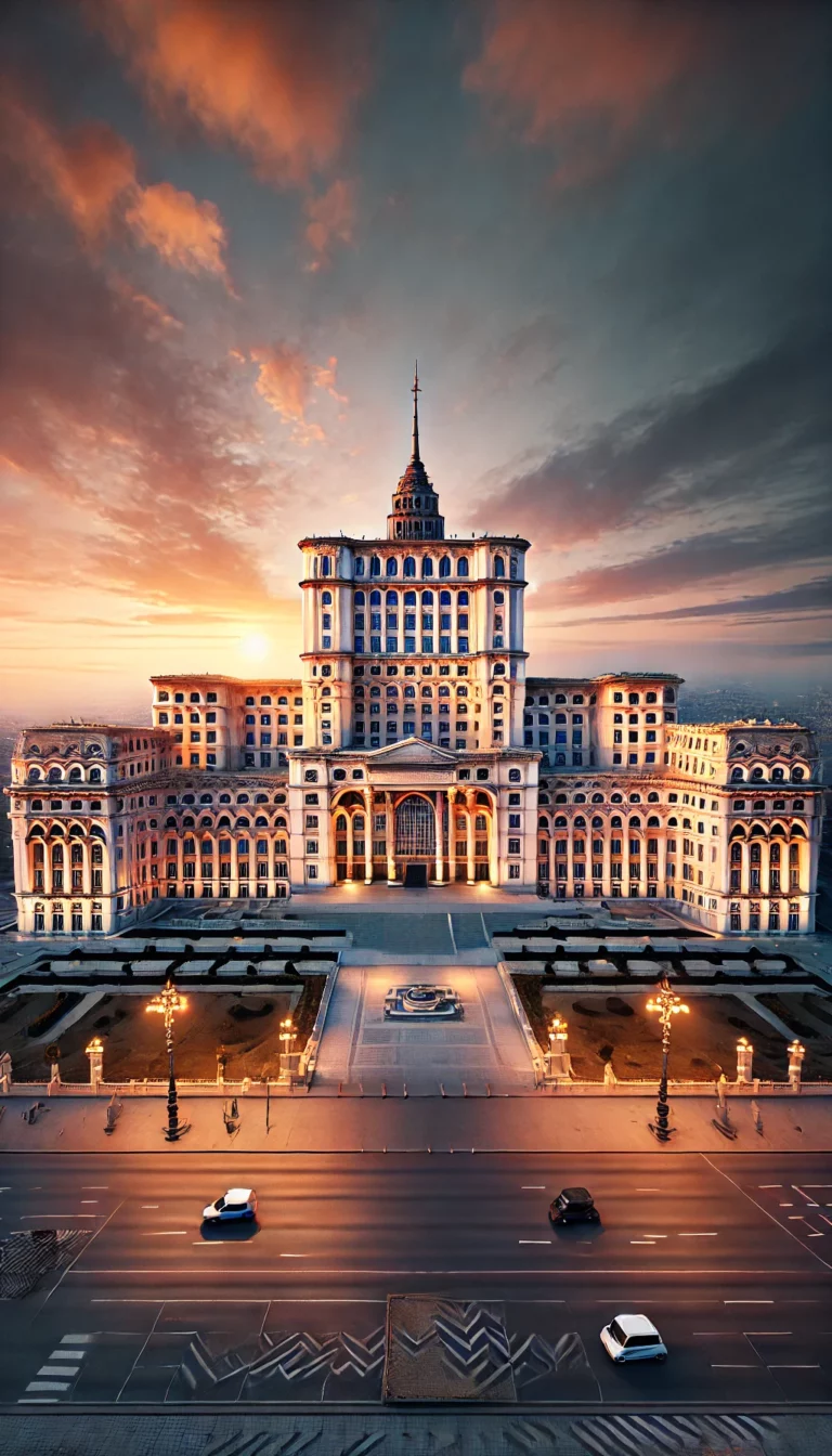 Vista frontale del Palazzo del Parlamento di Bucarest al tramonto, con il cielo colorato di nuvole e luci accese che illuminano l'edificio.